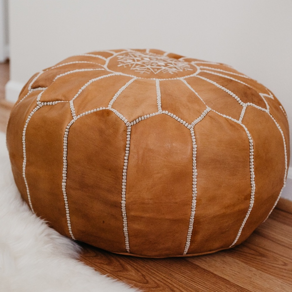 Large Light Tan Moroccan Pouf — Genuine Leather